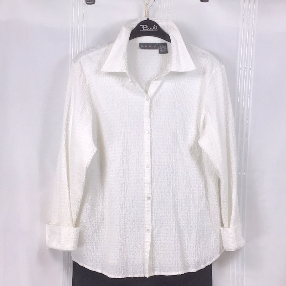 Relativity White Semi Sheer Textured Cotton Long Sleeve Blouse Sz.L